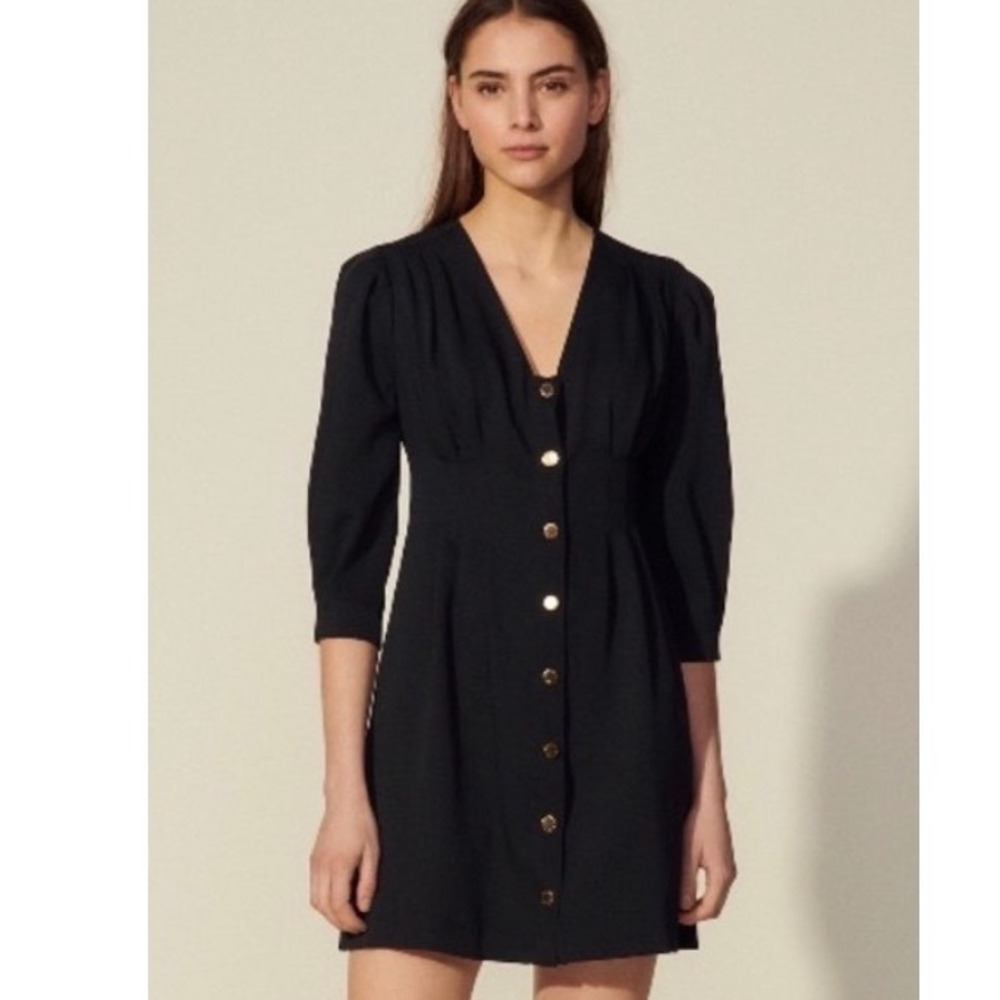 Sandro Navy Aurore Snap Front Mini Dress Neutral Basic Minimalist Designer US6
